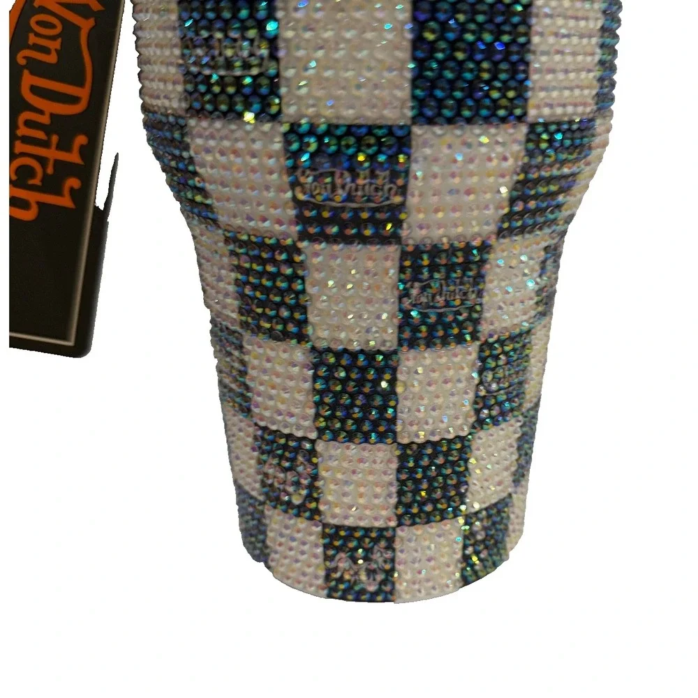 Von Dutch Rhinestone Checkered Eyeball Tumbler Handle Cup‎ NWT Bling